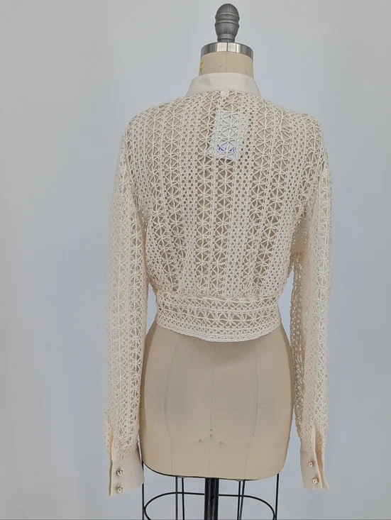 00626 Women's Crochet Pearl Button Front Top Cream size Small western bohemian - Picture 2 of 8